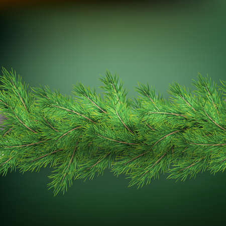 Christmas holiday border with realistic fir tree branches decorations with shadow, on green. EPS 10 vector fileのイラスト素材