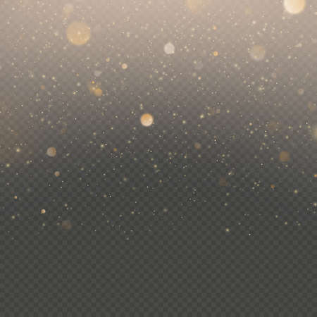 Glitter particles overlay effect. Gold glittering star dust sparkling particles on transparent background.の写真素材