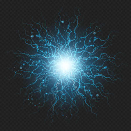 Lightning flash discharge of electricity on transparent background. Blue electrical visual effect.の写真素材