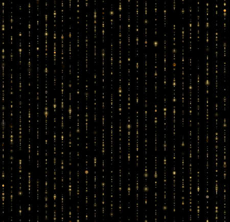 Seamless unique gold rain bokeh on black background. Glitter threads of curtain backdrop. Holiday garland lights or fashion strass drops for carnival, Christmas, New Year decoration.の写真素材