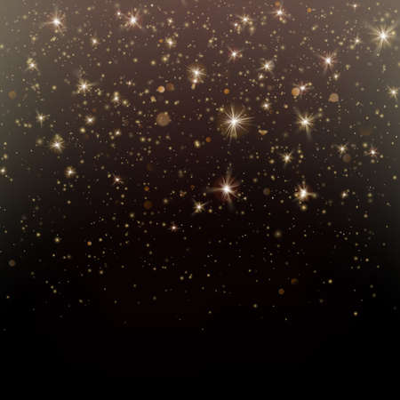 Particles glitter of gold glowing magic shine and star dust dark background. EPS 10の写真素材