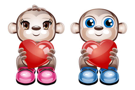 illustration of 2 cute character animals holding a heart on a white backgroundのイラスト素材