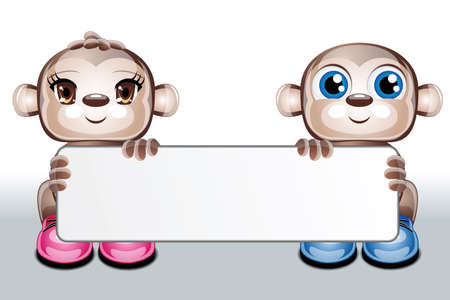 illustration of 2 cute character animals holding a blank card on a white backgroundのイラスト素材