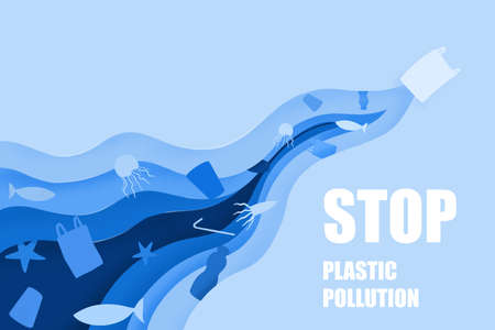 World oceans day ,stop ocean plastic pollution with  paper art style, sea animals  underwater,animal and environment protection concept, 3d paper cut textureの写真素材