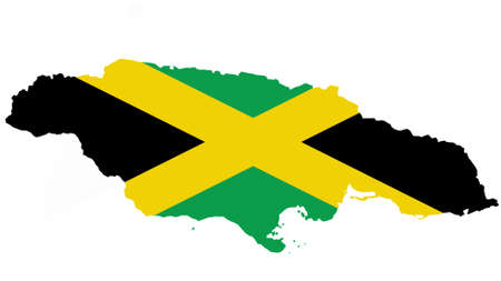 Jamaica map with flag texture on  white background, illustration,textured , Symbols of Jamaica ,for advertising ,promote, TV commercial, ads, web design, magazine, news paper, reportの写真素材