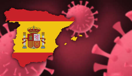 Spain map with flag pattern on  corona virus update on corona virus background, space for add text,information,report new case,total deaths,new deaths,serious critical,active casesの写真素材