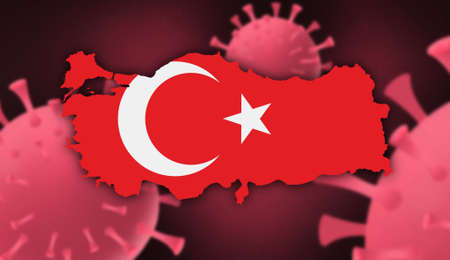 Turkey map with flag pattern on  corona virus update on corona virus background, space for add...