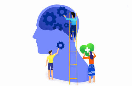 Mental health ,brain development  medical treatment concept,people work together to set up heart and gear to brain, setting good mindset and attitudeの写真素材