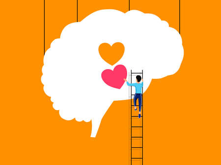 Mental health ,brain development  medical treatment concept, man climbing stairs to set up heart to brain, setting good mindset and attitude on orange   background, vector  illustrationのイラスト素材