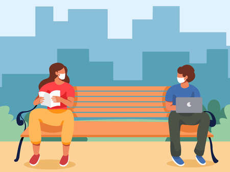 Social distancing, Men stand in the circle , keep distance for 2 centimeters, health protection, new normal, use phone, drink coffee, read book,vector illustrationのイラスト素材