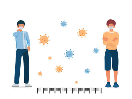 Safe travels under Covid-19, one men working on notebook, two women holding phone and reading book wearing medical mask sitting on subway, use public transport, keep distance for 2 centimeters, vectorのイラスト素材