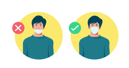 Set of men wearing medical mask in the wrong way with red cross symbol, one men wearing medical mask properly with   green check mark, protection concept, prevent virus, vector illustrationのイラスト素材