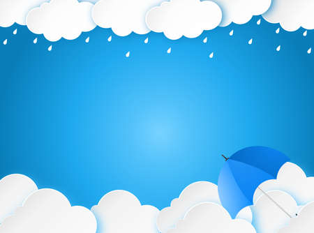 Cloud rain with umbrella on blue background, clear sky with cloud, rain season, cloudy day,weather forecast concept, rain promotion for advertising, vector illustrationのイラスト素材