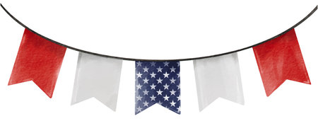 Hand painted hanging USA flag  in blue, white, red color  watercolor  brush paint isolate on white background.4th of July. Vector illustration.のイラスト素材