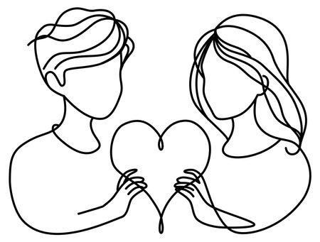 Boy and girl couple hold heart in one continuous line  hand drawn style for Valentine's Day.vector illustration.のイラスト素材