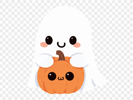 Happy cute smile ghost  hug pumpkin isolated on png or transparent background.Halloween party banner. vectorのイラスト素材