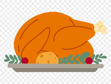 Thanksgiving roasted turkey illustration on a transparent background, featuring a simple and minimalist design with a garnish of fresh herbs, tomatoes, and an orange slice. Ideal for Thanksgiving themed projects and holiday designsのイラスト素材