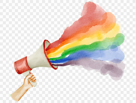 Raised hand holding megaphone with rainbow flare in watercolor, symbolizing protest, pride, and freedom of speech.vectorのイラスト素材