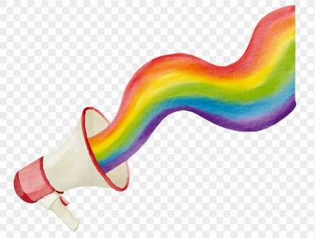 Wavy rainbow trail emerging from megaphone in watercolor style, perfect for pride-themed artistic expression and celebration.vectorのイラスト素材
