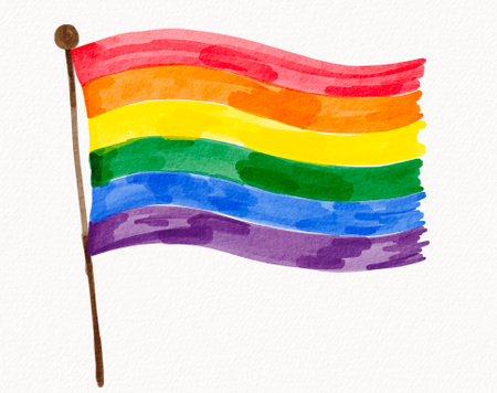 Hand painted rainbow pride flag waving on a wooden pole, symbolizing freedom, unity, and acceptance.の写真素材