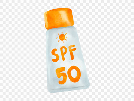 Watercolor SPF 50 sunscreen bottle illustration, summer skincare protection product, hand painted vector.のイラスト素材