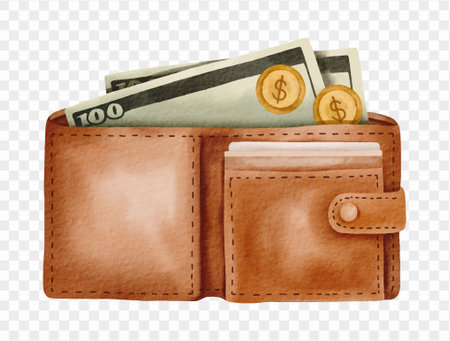Leather wallet with money watercolor illustration vector.のイラスト素材