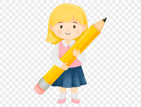 Watercolor girl holding pencil for cute school character vector.のイラスト素材