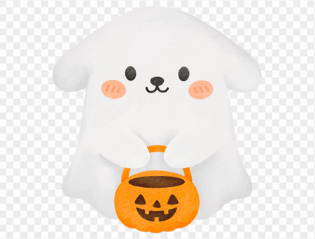 Cute ghost with pumpkin bucket Halloween illustration vector.のイラスト素材