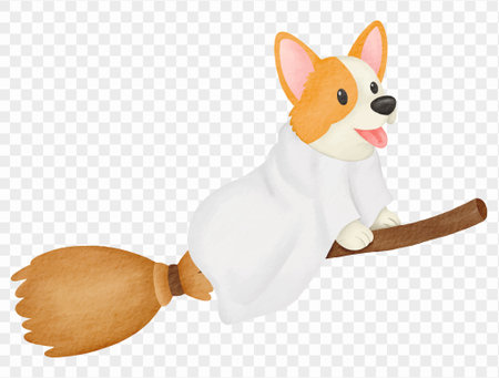 Corgi ghost dog flying on broom cute watercolor Halloween vector.のイラスト素材