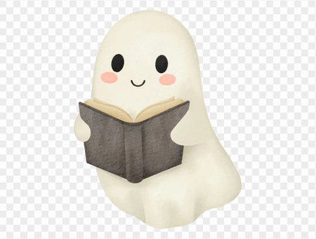 Watercolor cute ghost reading book, cozy Halloween art for kids.vectorのイラスト素材