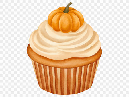 Watercolor pumpkin cupcake with cream frosting for Thanksgiving dessert vector.のイラスト素材