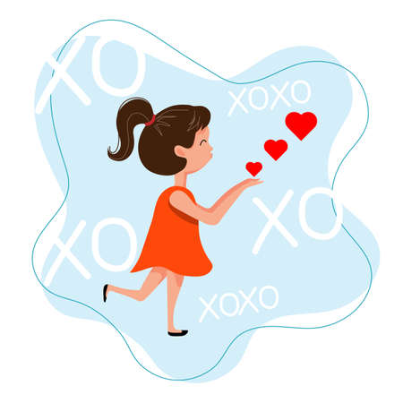 Little girl sends a kiss of love with hearts, vector illustration in flat style.のイラスト素材