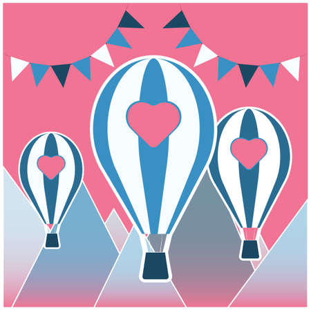 Balloons over the mountains. Valentine's day card.のイラスト素材