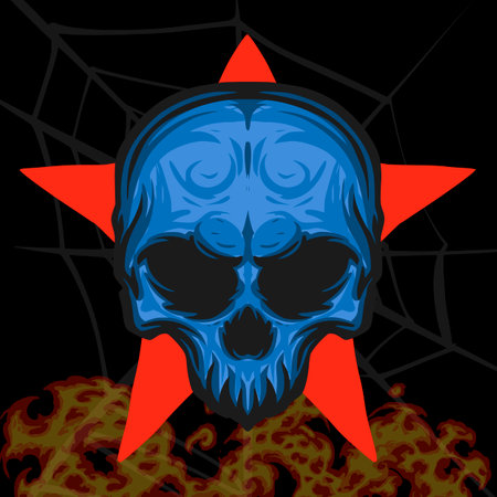 Vector illustration of a skull on a background of cobwebs and starsのイラスト素材