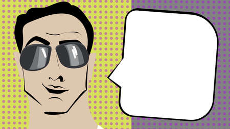 Pop art brunette man in sunglasses with speech bubble.