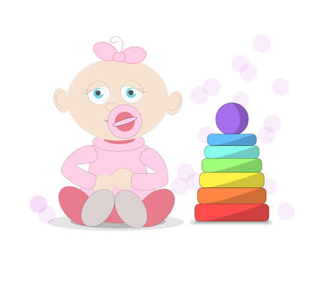 Baby girl with pyramid toy. Small child with pacifier. Happy and sweet little kid in diaper. Girl with toy pyramid on white background.のイラスト素材