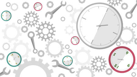 Industrial pattern on white background. Wrench, clock, cog, gear. Abstract concept of teamwork, successful business and communication.のイラスト素材