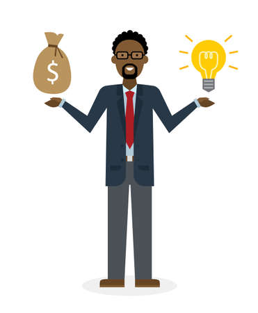 Businessman with idea bulb and money bag on white background. Isolated cartoon chararter. African american businessman investor. Innovation.のイラスト素材
