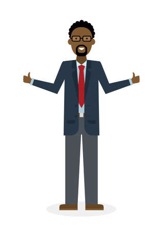 Businessman with thump up on white background. African american white-collar gesturink thumb up. Successful and positive consultant. Greeting or agreement.のイラスト素材