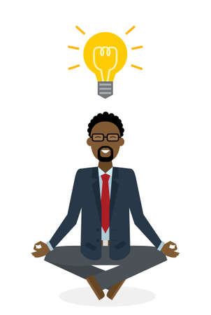 Businessman meditating with light bulb on white background. Isolated character. Strategy thinking. Brainstorming and meditating idea.のイラスト素材