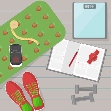 Set of fitness tools. Set of mat, sneakers, phone, diary and scale. Workout with dumbbells. Health and sport. Gym concept.のイラスト素材