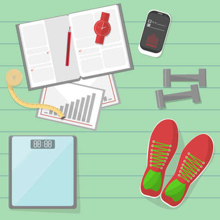 Set of fitness tools. Set of mat, sneakers, phone, diary and scale. Workout with dumbbells. Health and sport. Gym concept.のイラスト素材