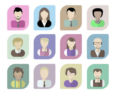 Office workers avatars on a white background. Concept of cv resume, employment, recruitment and communication. Social media in business.のイラスト素材