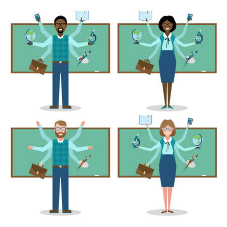 Miltitasking man and woman teacher in school. Set.のイラスト素材