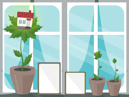 House on leaves. Concept of eco house. Ecological building. Keep clean and organic.のイラスト素材