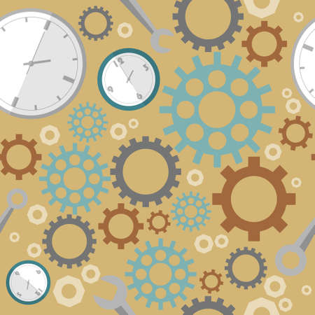 Industrial pattern on brown background. Wrench, clock, cog, gear. Abstract concept of teamwork, successful business and communication.のイラスト素材