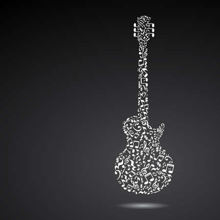 Music note guitar. Electric guitar made of music notes. Black notes pattern. Black and white design. Guitar shape. Poster idea.のイラスト素材