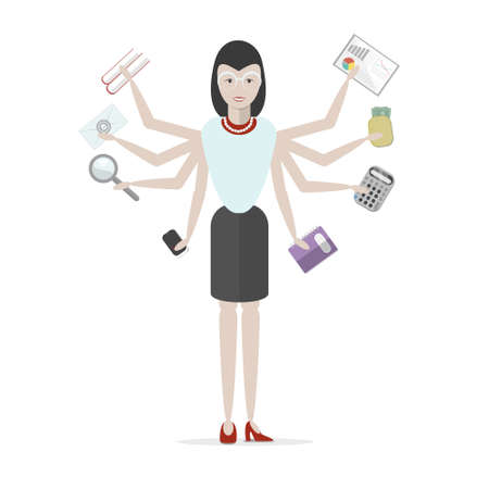 Multitasking businessman with six hands standing on white background. Successful businessman. Workaholic. Talented and professional. Leadership.のイラスト素材