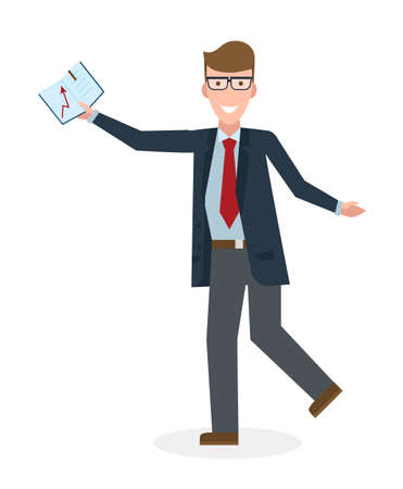 Businessan running on white background. Isolated cartoon character. Caucasian businessman with book. Successful achievement. Active work. Fast lifestyle.のイラスト素材