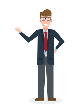 Businessman with ok on white background. Caucasian white-collar gesturink okay. Successful and positive consultant. Greeting or agreement.のイラスト素材